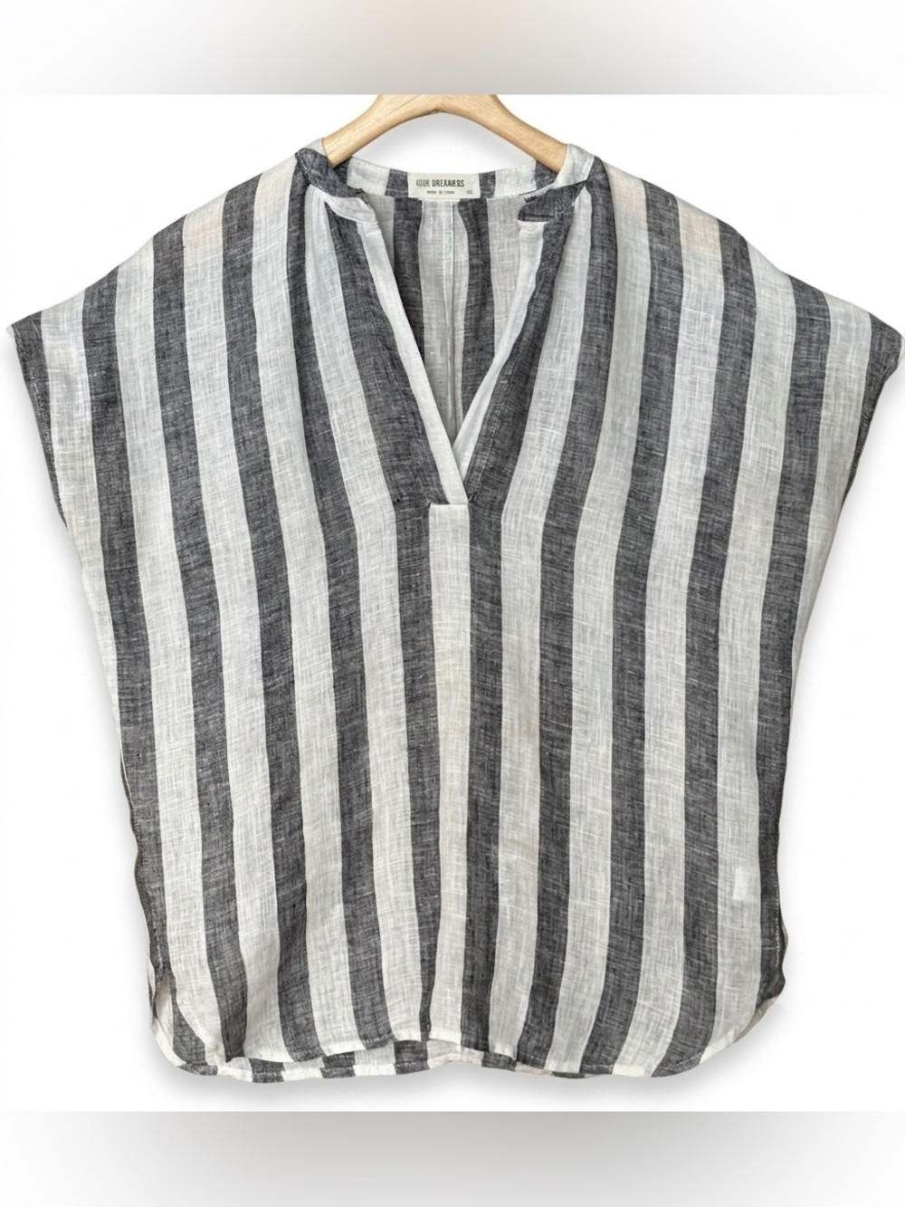 4Our Dreamers Gray White Vertical Stripe 100% Linen Pullover Shirt Blouse XS